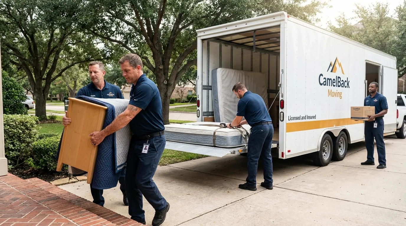 Crew loading residential truck for cross-state move from Port Jefferson Station, NY