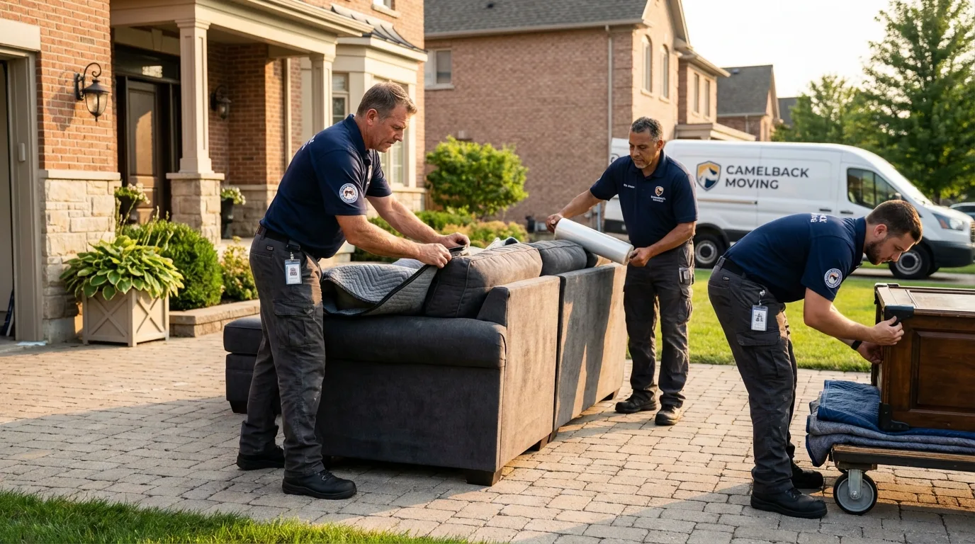 Large estate moving crew wrapping furniture in Port Jefferson Station, NY