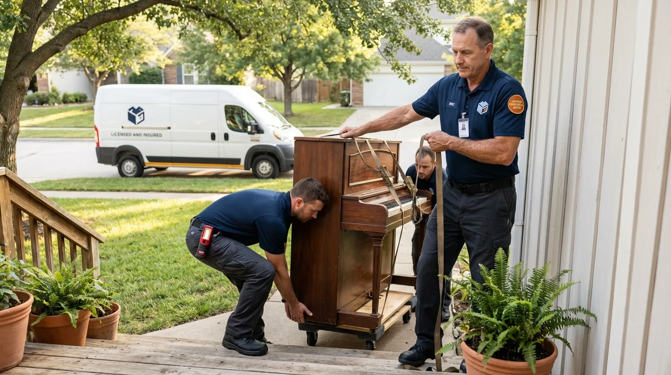 Licensed piano movers securing grand piano in Port Jefferson Station, NY