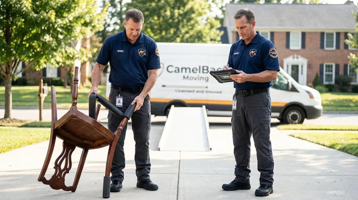 Movers inspecting furniture for damage prevention before loading in Port Jefferson Station, NY