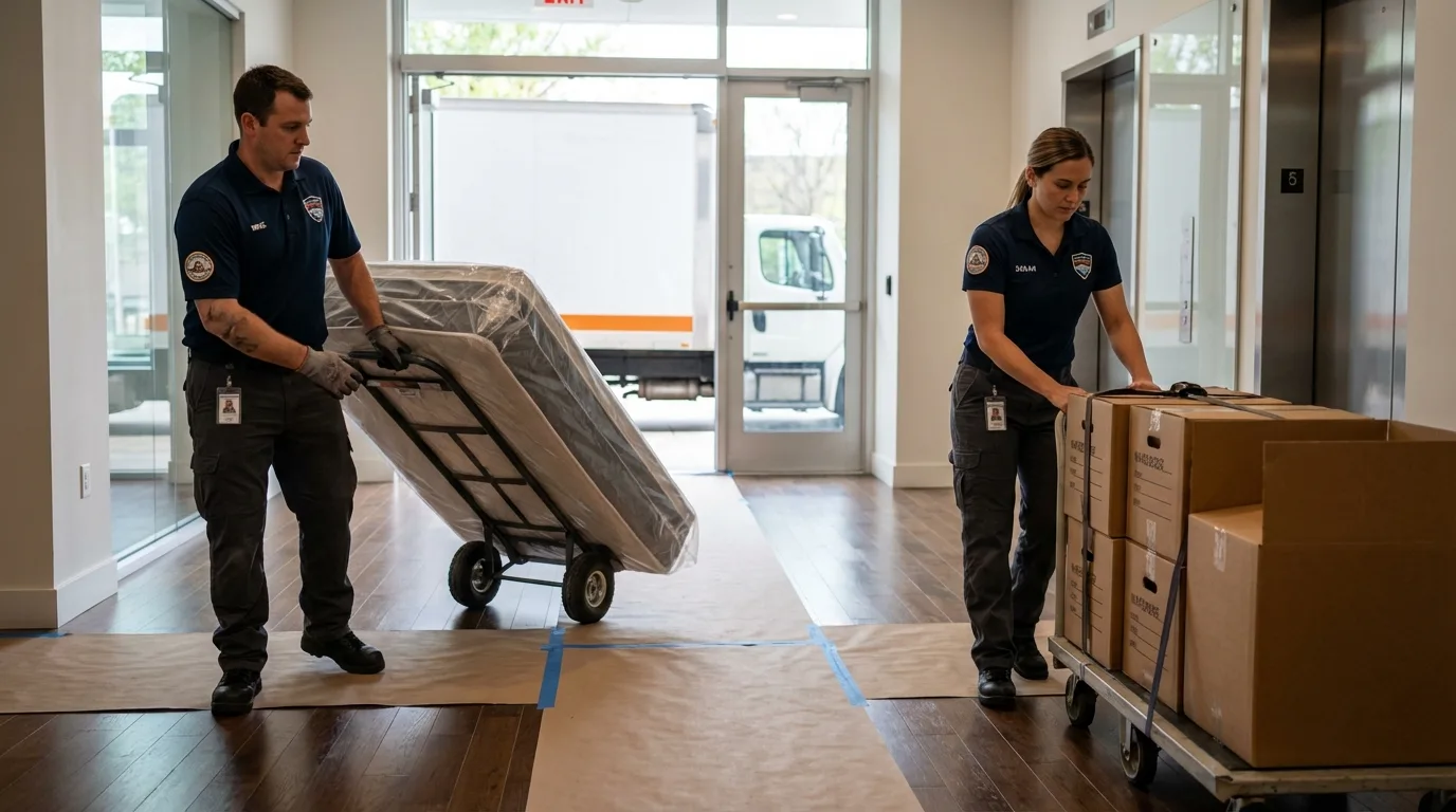 Professional apartment movers loading elevator in Port Jefferson Station, NY