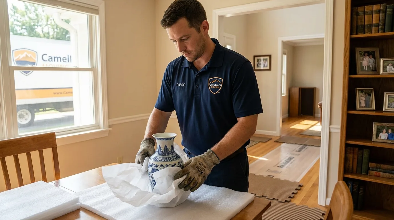Professional crew carefully wrapping antique vase for senior downsizing move in Port Jefferson Station, NY
